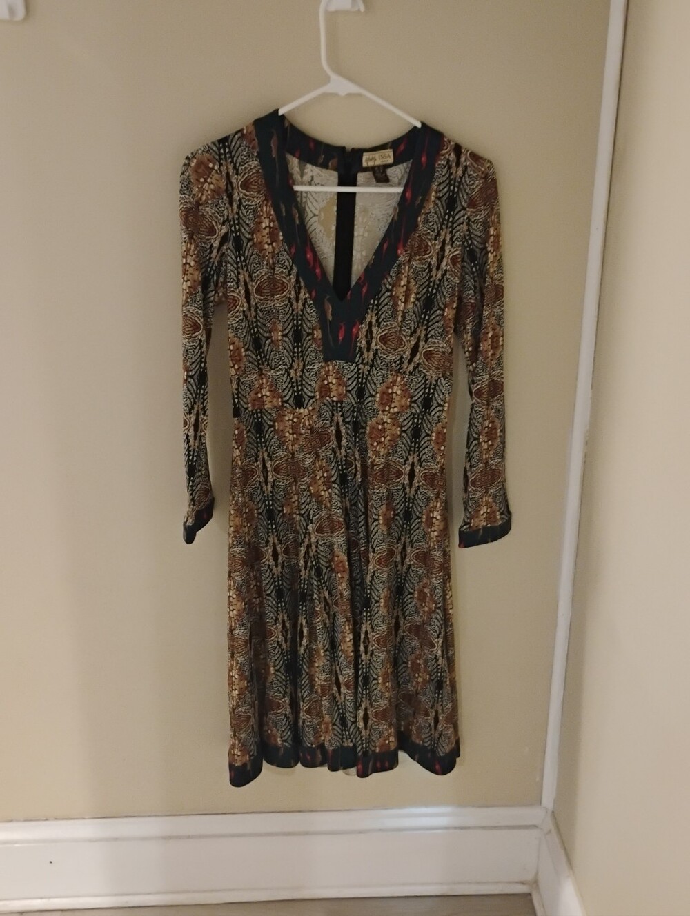 Issa London V Neck Jersey Knit Boho Mixed Print Dress Sz 8 US